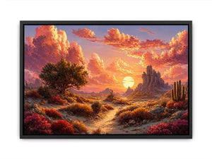 desert sunset landscape wall art, warm sky desert canvas print, boho desert scenery artwork, pastel sky landscape painting, cactus desert sunset illustration