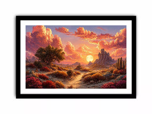 desert sunset landscape wall art, warm sky desert canvas print, boho desert scenery artwork, pastel sky landscape painting, cactus desert sunset illustration