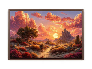 desert sunset landscape wall art, warm sky desert canvas print, boho desert scenery artwork, pastel sky landscape painting, cactus desert sunset illustration