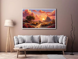 desert sunset landscape wall art, warm sky desert canvas print, boho desert scenery artwork, pastel sky landscape painting, cactus desert sunset illustration