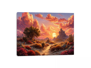 desert sunset landscape wall art, warm sky desert canvas print, boho desert scenery artwork, pastel sky landscape painting, cactus desert sunset illustration