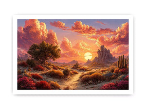 desert sunset landscape wall art, warm sky desert canvas print, boho desert scenery artwork, pastel sky landscape painting, cactus desert sunset illustration