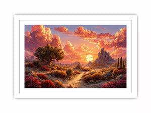 desert sunset landscape wall art, warm sky desert canvas print, boho desert scenery artwork, pastel sky landscape painting, cactus desert sunset illustration