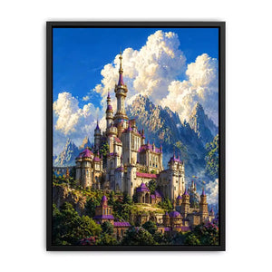 fantasy castle wall art, majestic palace mountain canvas, dreamy sky castle artwork, medieval fantasy architecture print, luxury castle landscape illustration