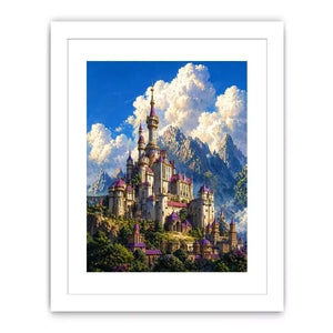 fantasy castle wall art, majestic palace mountain canvas, dreamy sky castle artwork, medieval fantasy architecture print, luxury castle landscape illustration