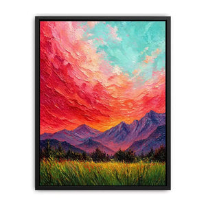 abstract sunset landscape wall art, textured sky painting canvas, red sky mountain artwork, expressive landscape painting modern decor, colorful abstract nature art