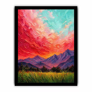 abstract sunset landscape wall art, textured sky painting canvas, red sky mountain artwork, expressive landscape painting modern decor, colorful abstract nature art