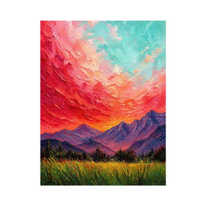 abstract sunset landscape wall art, textured sky painting canvas, red sky mountain artwork, expressive landscape painting modern decor, colorful abstract nature art