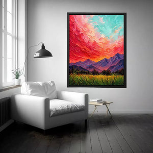 abstract sunset landscape wall art, textured sky painting canvas, red sky mountain artwork, expressive landscape painting modern decor, colorful abstract nature art