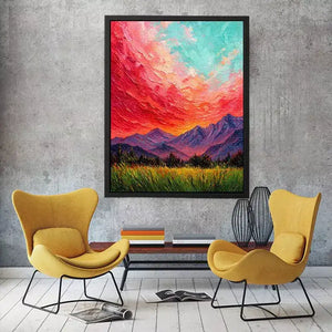 abstract sunset landscape wall art, textured sky painting canvas, red sky mountain artwork, expressive landscape painting modern decor, colorful abstract nature art