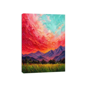 abstract sunset landscape wall art, textured sky painting canvas, red sky mountain artwork, expressive landscape painting modern decor, colorful abstract nature art
