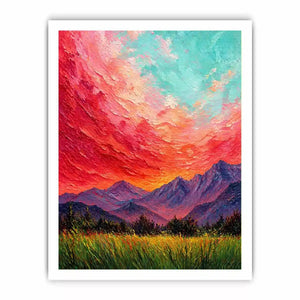 abstract sunset landscape wall art, textured sky painting canvas, red sky mountain artwork, expressive landscape painting modern decor, colorful abstract nature art