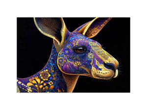 kangaroo wall art luxury animal print, ornate animal portrait canvas, decorative kangaroo artwork gold pattern, modern animal illustration wall decor, detailed wildlife art print