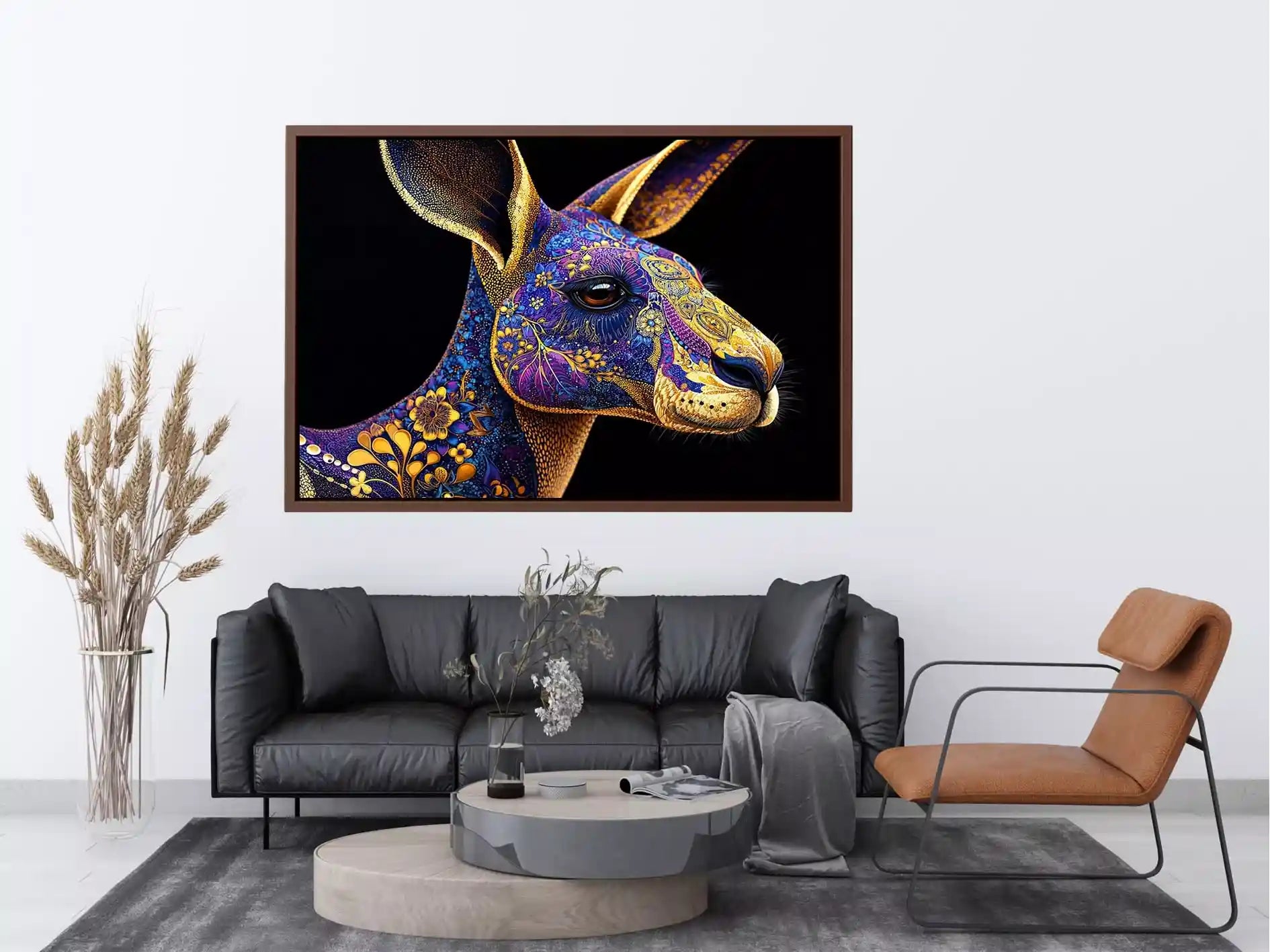 kangaroo wall art luxury animal print, ornate animal portrait canvas, decorative kangaroo artwork gold pattern, modern animal illustration wall decor, detailed wildlife art print
