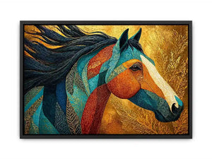 luxury horse wall art, ornate horse portrait canvas, gold textured horse painting, modern animal artwork decor, stylized horse illustration print