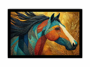 luxury horse wall art, ornate horse portrait canvas, gold textured horse painting, modern animal artwork decor, stylized horse illustration print