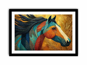 luxury horse wall art, ornate horse portrait canvas, gold textured horse painting, modern animal artwork decor, stylized horse illustration print