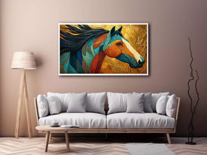 luxury horse wall art, ornate horse portrait canvas, gold textured horse painting, modern animal artwork decor, stylized horse illustration print