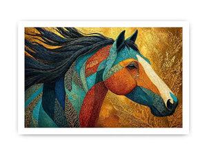 luxury horse wall art, ornate horse portrait canvas, gold textured horse painting, modern animal artwork decor, stylized horse illustration print