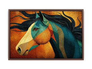 abstract horse wall art teal gold, luxury horse canvas print, textured horse painting modern decor, artistic horse portrait illustration, colorful horse artwork wall decor