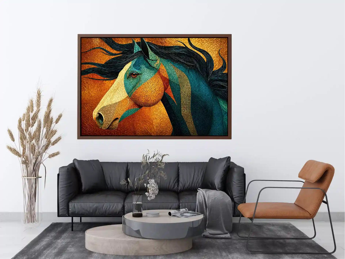 abstract horse wall art teal gold, luxury horse canvas print, textured horse painting modern decor, artistic horse portrait illustration, colorful horse artwork wall decor