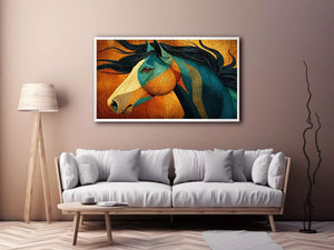 abstract horse wall art teal gold, luxury horse canvas print, textured horse painting modern decor, artistic horse portrait illustration, colorful horse artwork wall decor