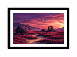 surreal landscape wall art pink sky, dreamy desert ruins canvas, fantasy sunset field artwork, aesthetic pink landscape print, mystical nature wall decor
