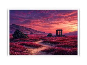 surreal landscape wall art pink sky, dreamy desert ruins canvas, fantasy sunset field artwork, aesthetic pink landscape print, mystical nature wall decor