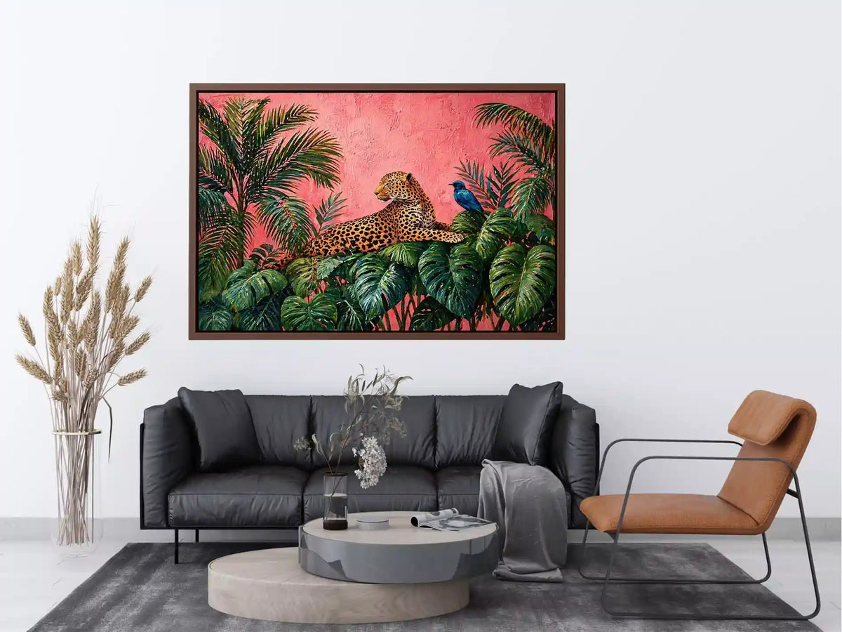 tropical leopard wall art pink jungle, exotic animal canvas print, jungle leaves leopard artwork, pink botanical wildlife decor, modern tropical animal illustration