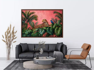 tropical leopard wall art pink jungle, exotic animal canvas print, jungle leaves leopard artwork, pink botanical wildlife decor, modern tropical animal illustration