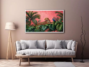 tropical leopard wall art pink jungle, exotic animal canvas print, jungle leaves leopard artwork, pink botanical wildlife decor, modern tropical animal illustration
