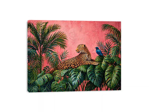 tropical leopard wall art pink jungle, exotic animal canvas print, jungle leaves leopard artwork, pink botanical wildlife decor, modern tropical animal illustration