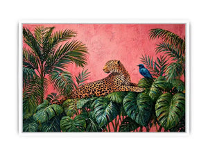 tropical leopard wall art pink jungle, exotic animal canvas print, jungle leaves leopard artwork, pink botanical wildlife decor, modern tropical animal illustration