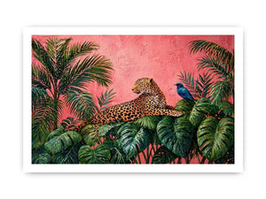 tropical leopard wall art pink jungle, exotic animal canvas print, jungle leaves leopard artwork, pink botanical wildlife decor, modern tropical animal illustration