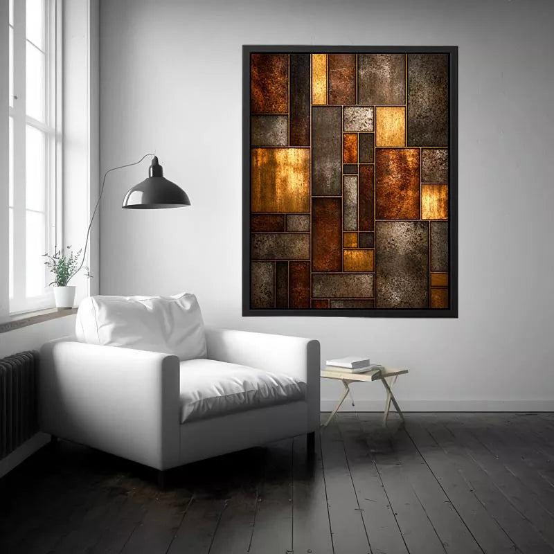 industrial abstract wall art metal texture, geometric rustic panel artwork, modern industrial canvas print, metallic abstract wall decor, textured geometric art print