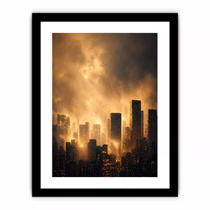 city skyline wall art golden fog, modern urban landscape canvas print, cinematic cityscape artwork, foggy skyline modern decor, glowing city buildings wall art