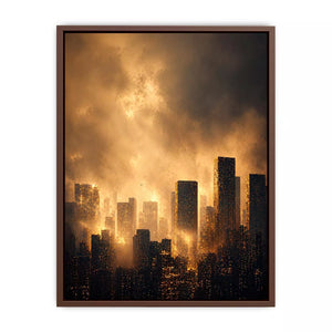 city skyline wall art golden fog, modern urban landscape canvas print, cinematic cityscape artwork, foggy skyline modern decor, glowing city buildings wall art