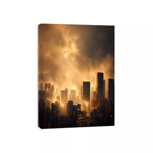 city skyline wall art golden fog, modern urban landscape canvas print, cinematic cityscape artwork, foggy skyline modern decor, glowing city buildings wall art