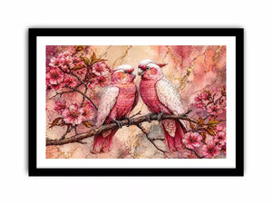 pink parrot wall art watercolor birds, floral bird canvas artwork pink parrots, romantic bird illustration wall decor, botanical parrot painting soft tones