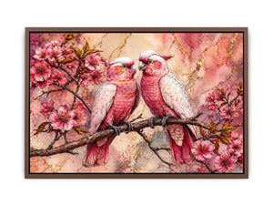 pink parrot wall art watercolor birds, floral bird canvas artwork pink parrots, romantic bird illustration wall decor, botanical parrot painting soft tones
