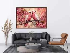 pink parrot wall art watercolor birds, floral bird canvas artwork pink parrots, romantic bird illustration wall decor, botanical parrot painting soft tones
