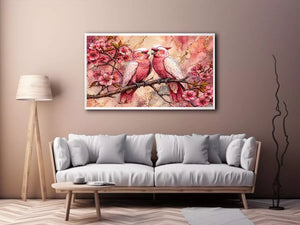 pink parrot wall art watercolor birds, floral bird canvas artwork pink parrots, romantic bird illustration wall decor, botanical parrot painting soft tones