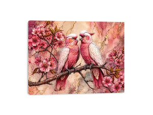 pink parrot wall art watercolor birds, floral bird canvas artwork pink parrots, romantic bird illustration wall decor, botanical parrot painting soft tones
