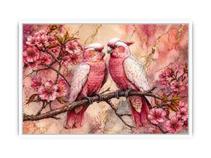 pink parrot wall art watercolor birds, floral bird canvas artwork pink parrots, romantic bird illustration wall decor, botanical parrot painting soft tones