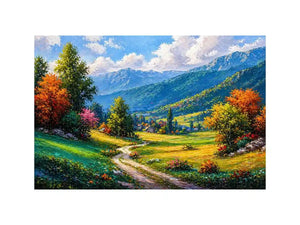 colorful landscape wall art impressionist valley, scenic nature painting path artwork, vibrant countryside canvas decor, mountain landscape painting wall art