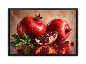 modern pomegranate still life wall art, red fruit painting canvas print, realistic pomegranate artwork kitchen decor, contemporary fruit still life painting