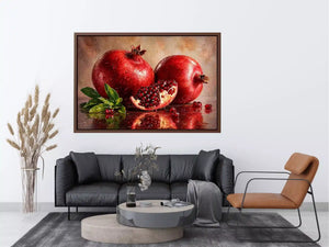 modern pomegranate still life wall art, red fruit painting canvas print, realistic pomegranate artwork kitchen decor, contemporary fruit still life painting