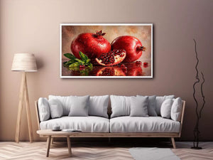 modern pomegranate still life wall art, red fruit painting canvas print, realistic pomegranate artwork kitchen decor, contemporary fruit still life painting