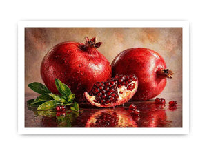 modern pomegranate still life wall art, red fruit painting canvas print, realistic pomegranate artwork kitchen decor, contemporary fruit still life painting