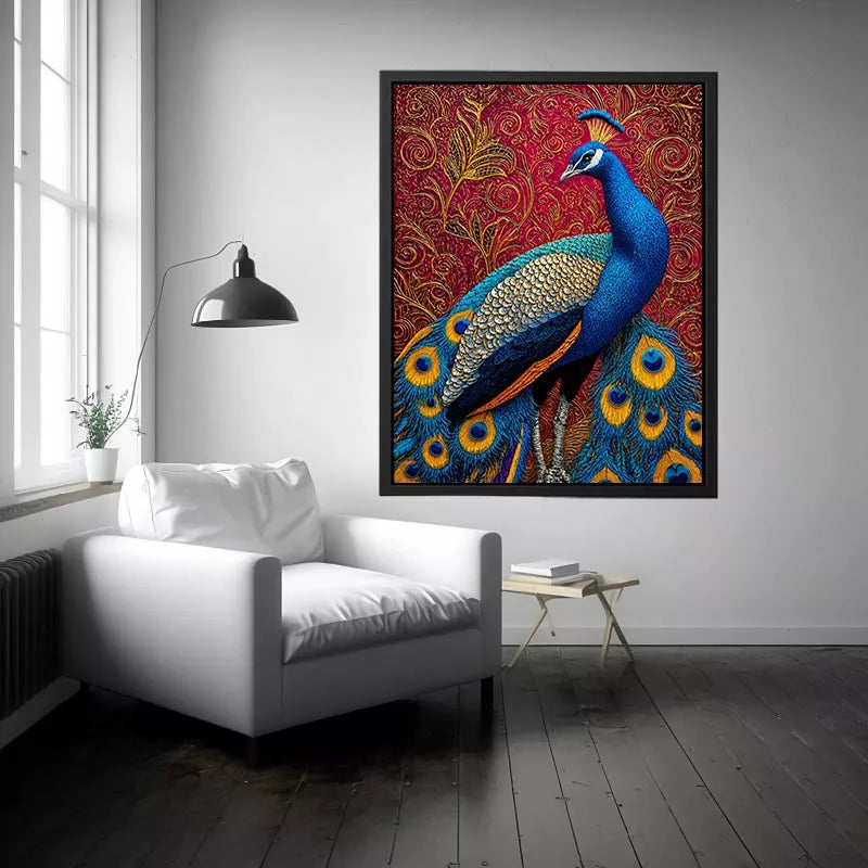 peacock wall art colorful bird painting, royal peacock canvas print vibrant feathers, decorative bird artwork modern wall decor, peacock illustration luxury art